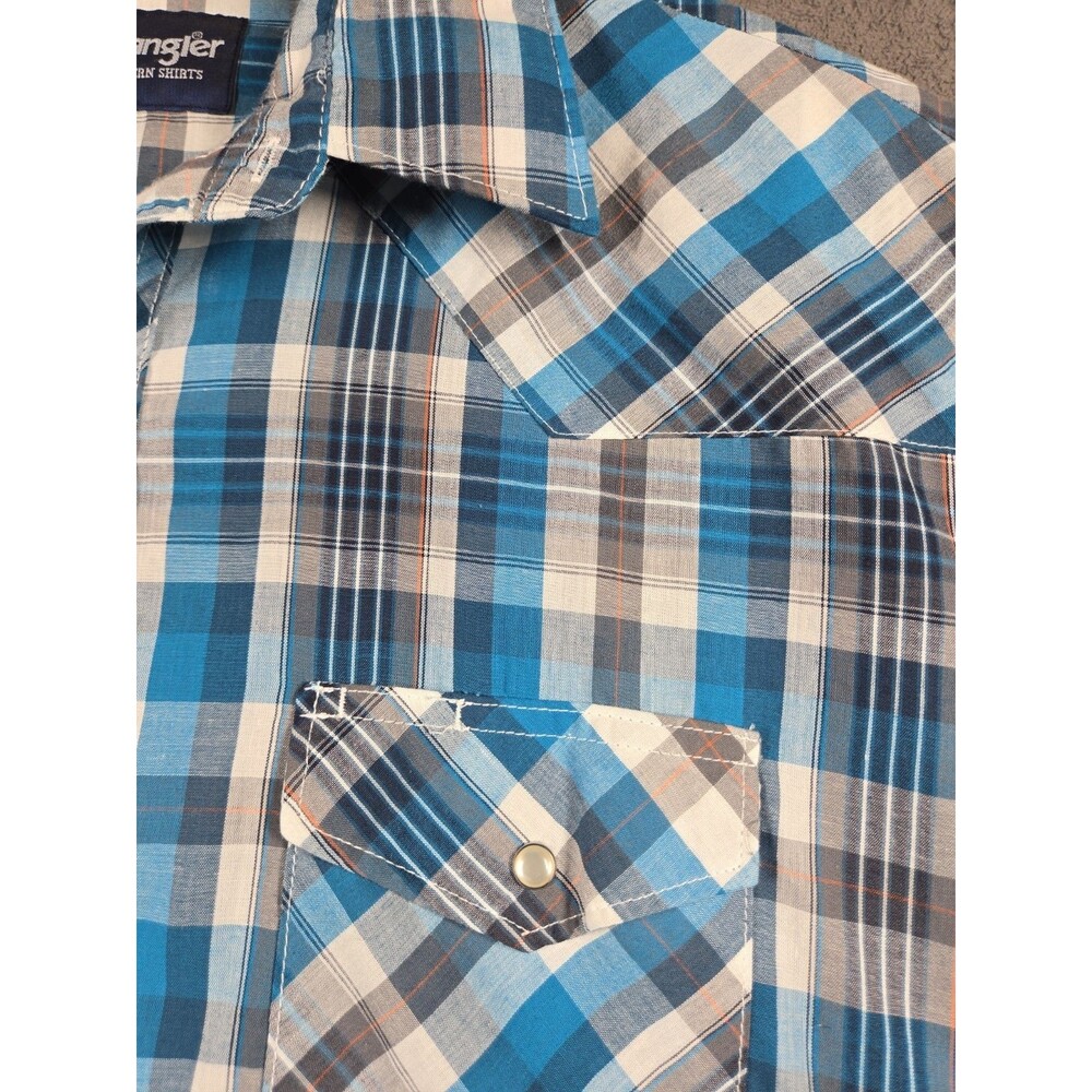 Wrangler Mens Short Sleeve Western Pearl Snap Shirt 2XL XXL Blue Rodeo Plaid - Picture 3 of 16